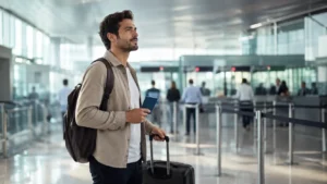Viajante adulto em terminal europeu moderno, segurando passaporte e mala de mão enquanto aguarda com tranquilidade próximo ao controle de fronteira.