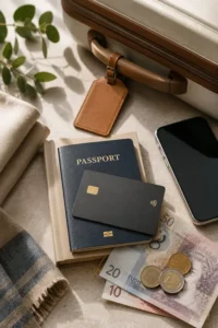Passaporte, cartão e moeda estrangeira organizados sobre uma mesa, representando o planejamento de pagamentos em viagem internacional.