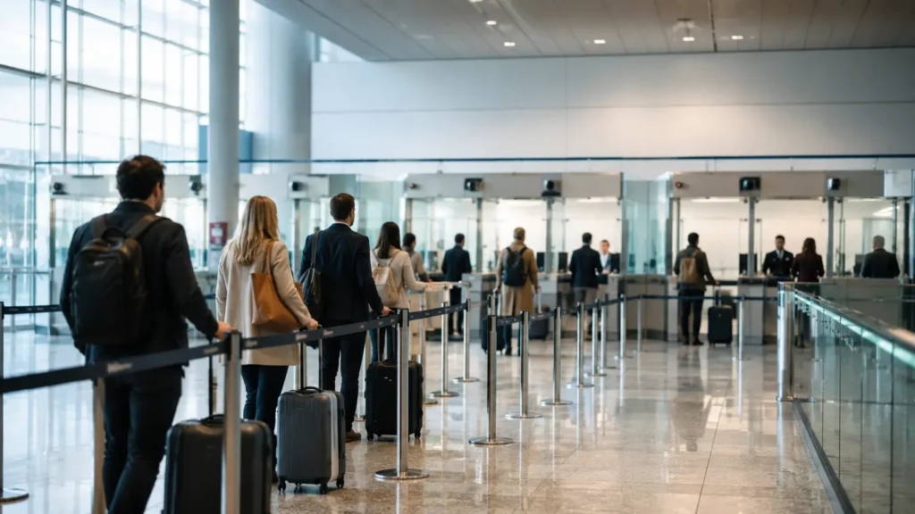 Fila de viajantes em controle de imigração em aeroporto com EES na Europa.