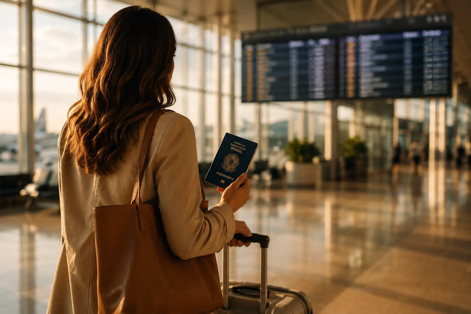 Viajante com mala e passaporte em aeroporto europeu, simbolizando preparação para viagem internacional.
