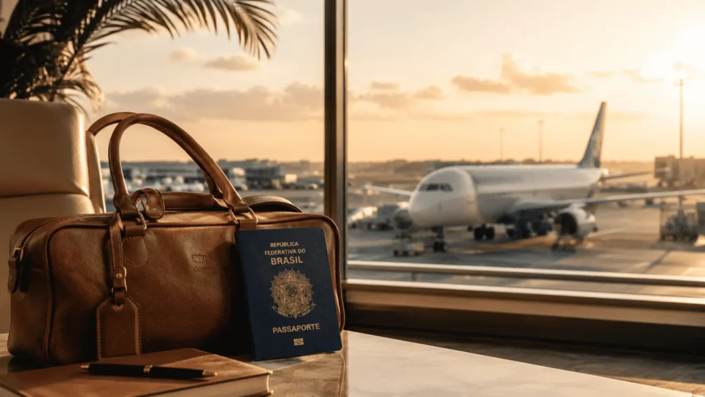 Passaporte e mala em aeroporto, representando planejamento de viagem para a Europa com ETIAS.