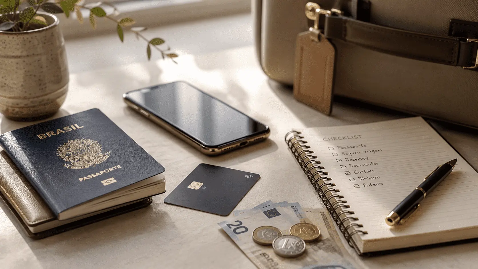 Passaporte, cartão, celular e moeda estrangeira organizados para planejamento financeiro de viagem internacional.