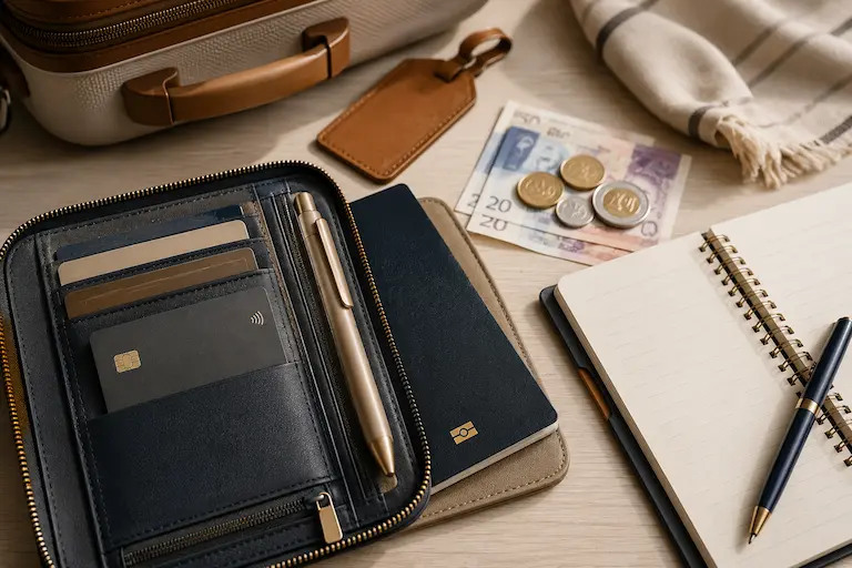 Carteira de viagem com cartão, dinheiro em espécie e passaporte como parte do planejamento financeiro internacional.