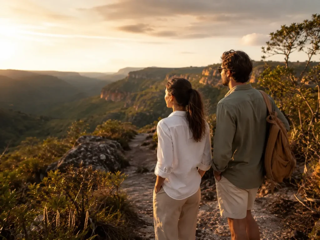 Casal em trilha de ecoturismo contemplando paisagem natural ao pôr do sol em roteiro personalizado da Esplanada Viagens