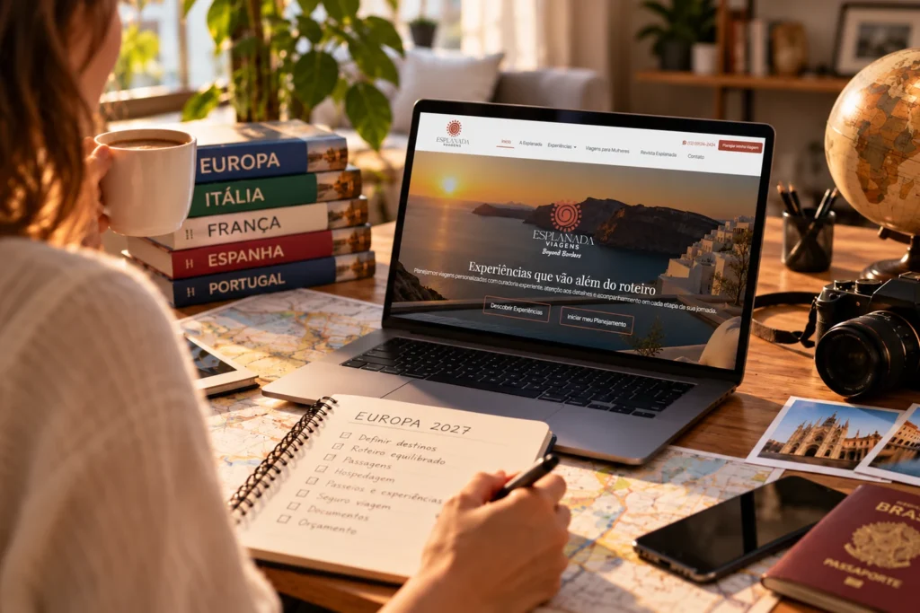 Viajante planejando uma viagem pela Europa em casa, com notebook, mapa e anotações, representando a organização do roteiro antes do embarque.