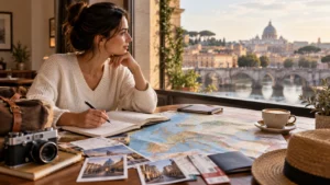 Viajante planejando uma viagem pela Europa com mapa e roteiro, representando a escolha de cidades e ritmo da viagem.