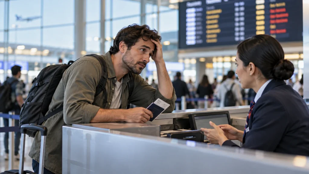 Passageiro cansado conversa com atendente no balcão do aeroporto após atraso ou cancelamento de voo