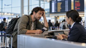 Passageiro cansado conversa com atendente no balcão do aeroporto após atraso ou cancelamento de voo
