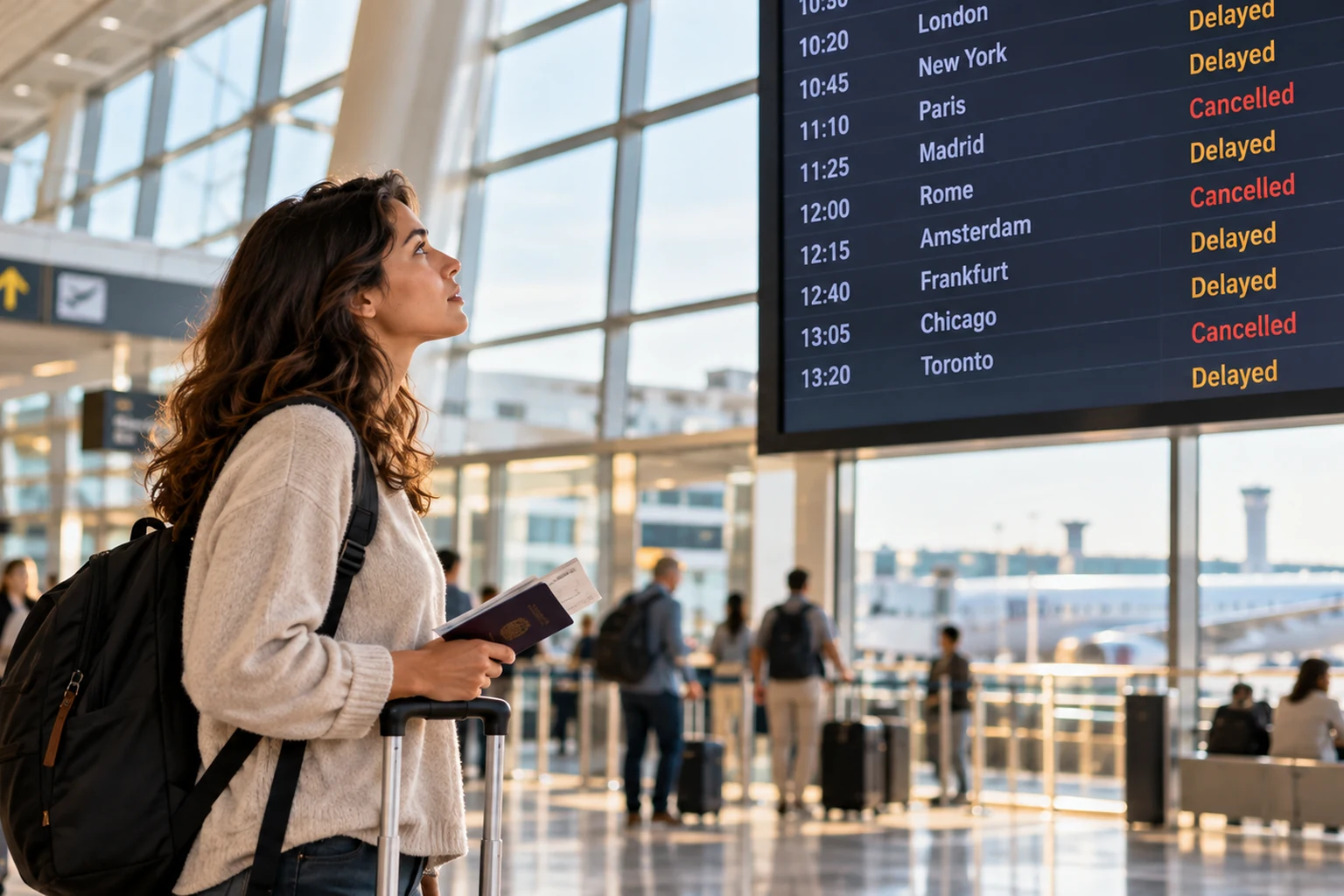 Passageira observa painel de voos com atrasos e cancelamentos em aeroporto